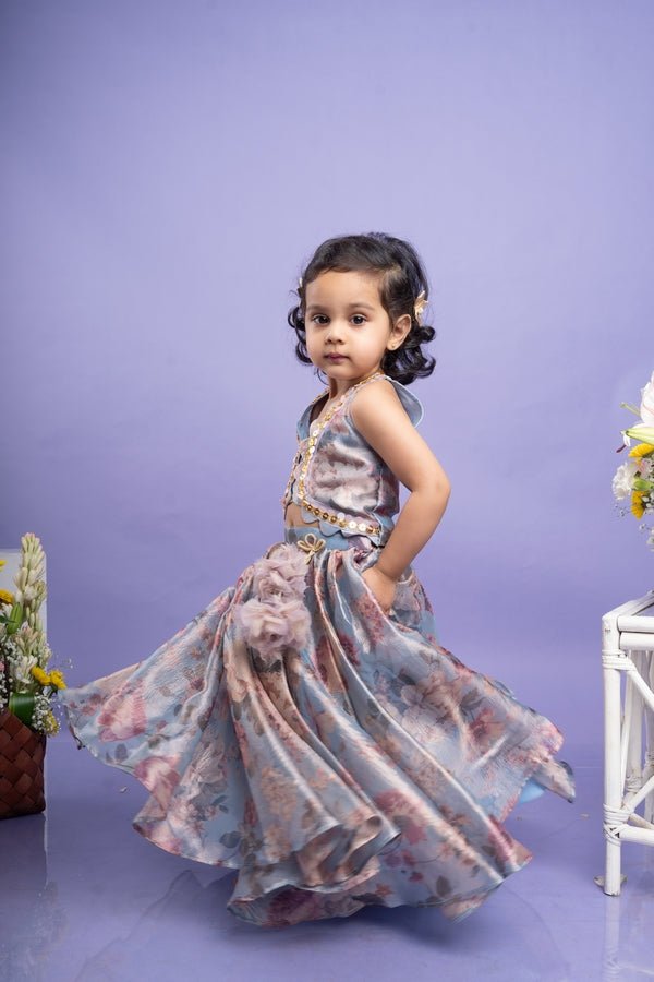 Enchanting pastel floral dress with gold sequin detailing and a flowy skirt, perfect for special occasions. - Kirti Agarwal