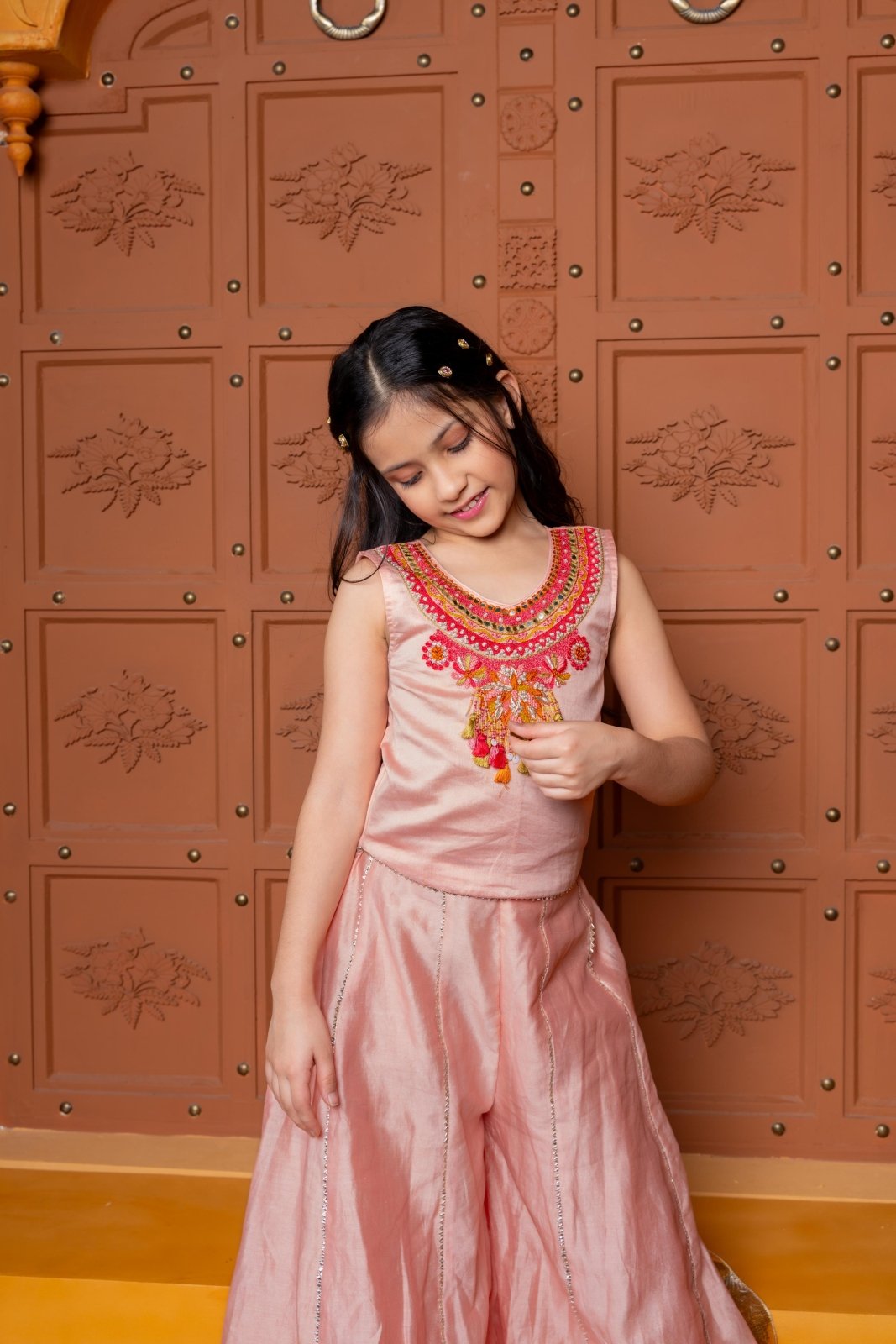 Faux Mirror Embellished Stylish Sleeveless Top With Palazzo And Potli Bag - Kirti Agarwal