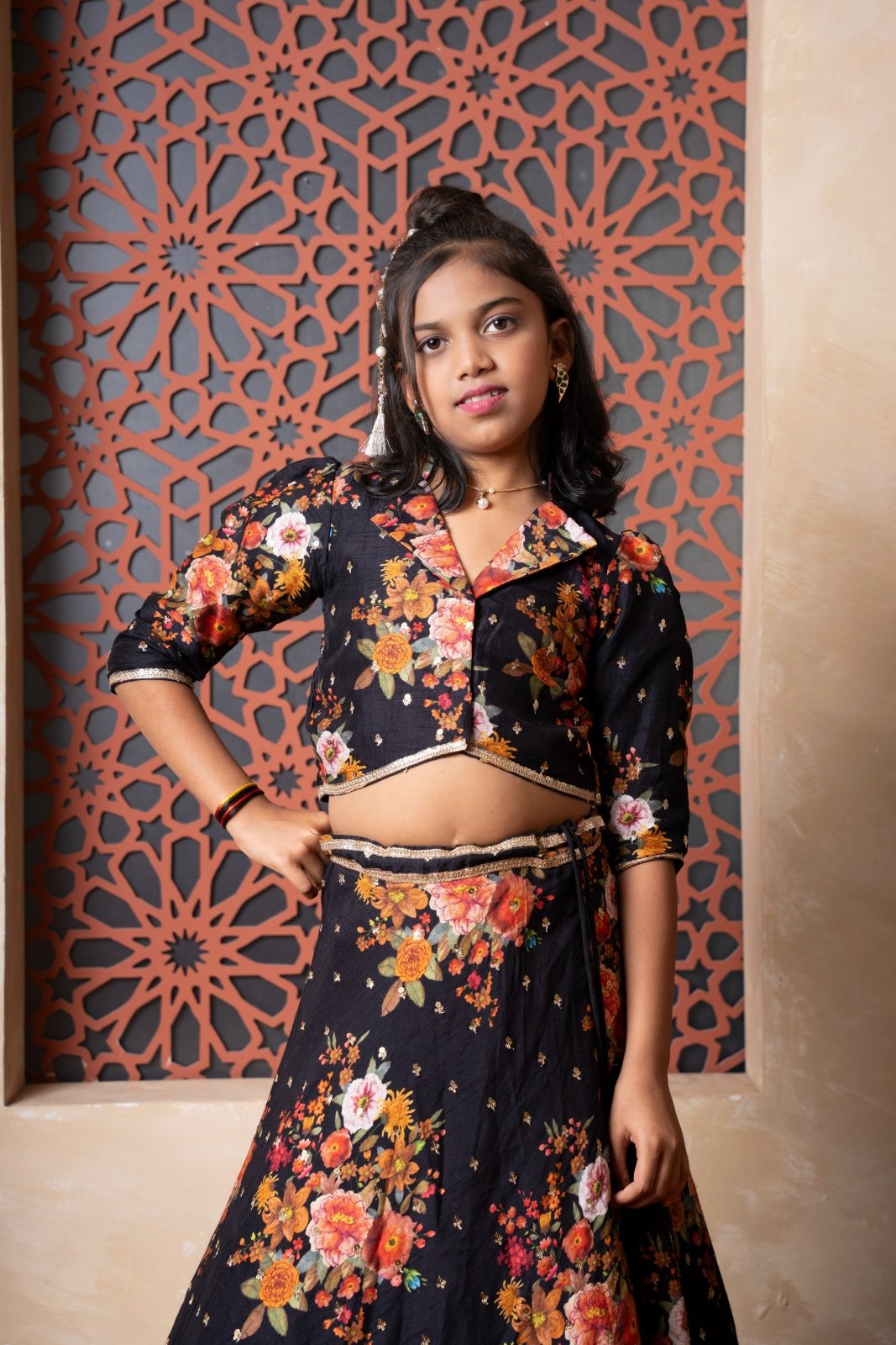 Floral Printed Embroidered Collar Top And Lehenga - Kirti Agarwal