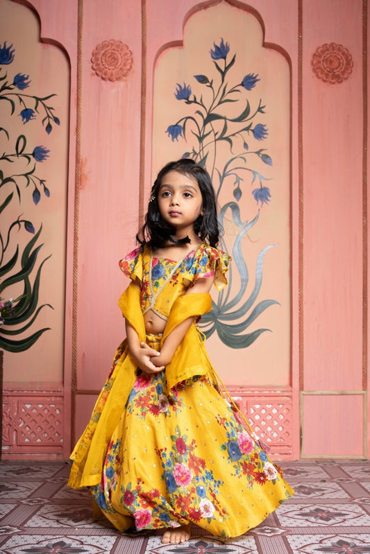 Floral Printed Sequin Embroidered Top And Lehenga With Matching Dupatta - Kirti Agarwal