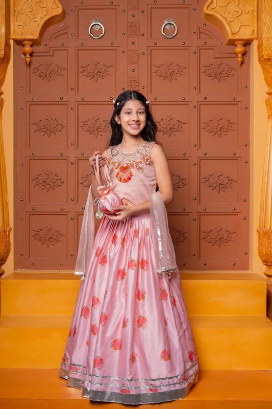 Fringe - Detailed Embroidered Top With Lehenga And Net Dupatta With Matching Potli Bag - Kirti Agarwal