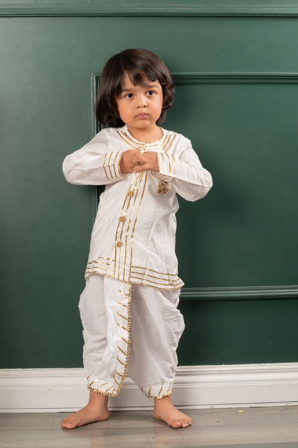 Front Open Gota Lace Work Off White Kurta And Dhoti - Kirti Agarwal