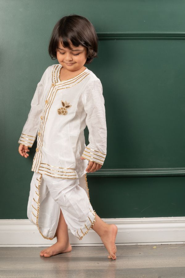 Front Open Gota Lace Work Off White Kurta And Dhoti - Kirti Agarwal