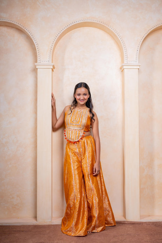 Girls Golden - Orange Brocade Crop Top with Embroidered Palazzo Pants – Festive Ethnic Party Wear for Weddings & Celebrations. - Kirti Agarwal