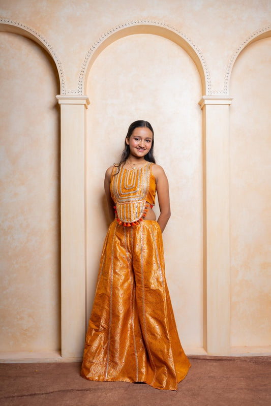 Girls Golden - Orange Brocade Crop Top with Embroidered Palazzo Pants – Festive Ethnic Party Wear for Weddings & Celebrations. - Kirti Agarwal