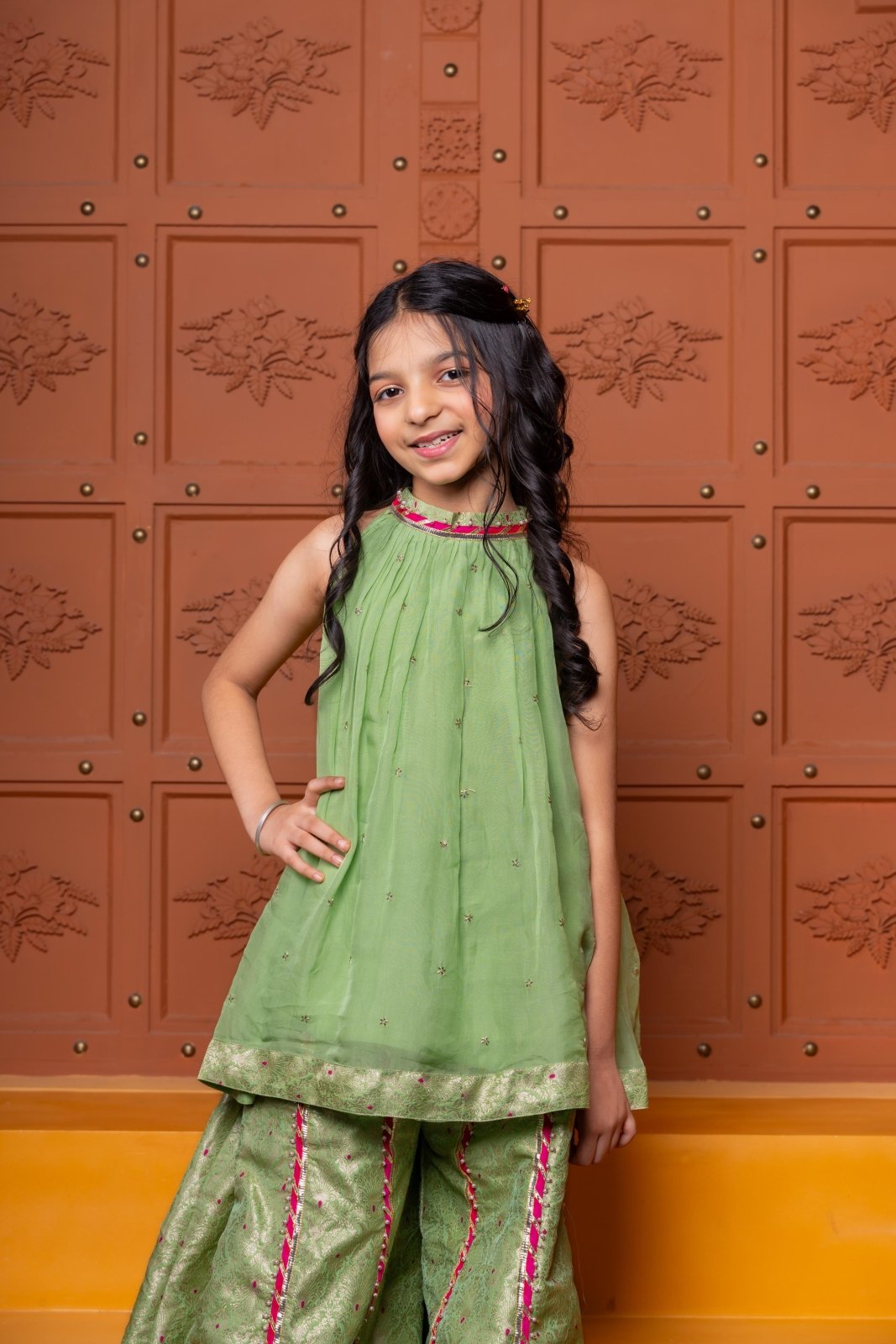 Girls Green Organza Satin Top with Brocade Sharara Bottom – Stylish Ethnic Party Wear for Weddings & Festivals - Kirti Agarwal