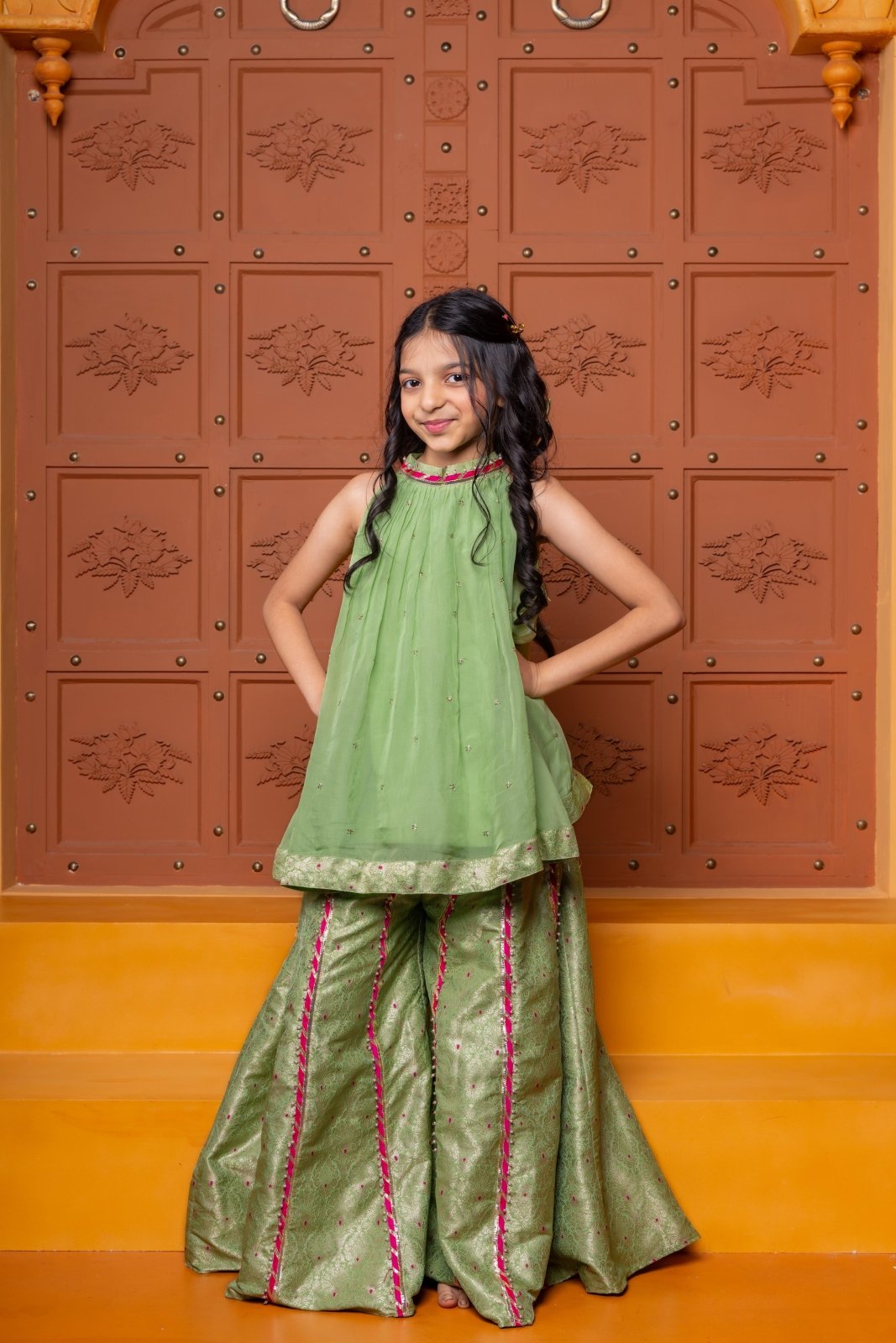 Girls Green Organza Satin Top with Brocade Sharara Bottom – Stylish Ethnic Party Wear for Weddings & Festivals - Kirti Agarwal