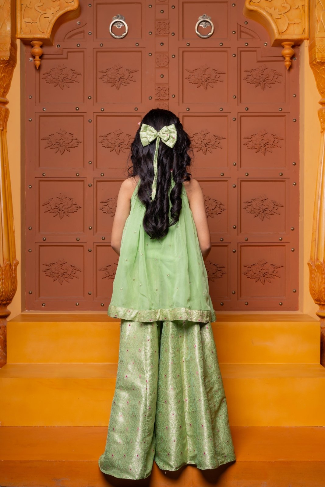 Girls Green Organza Satin Top with Brocade Sharara Bottom – Stylish Ethnic Party Wear for Weddings & Festivals - Kirti Agarwal