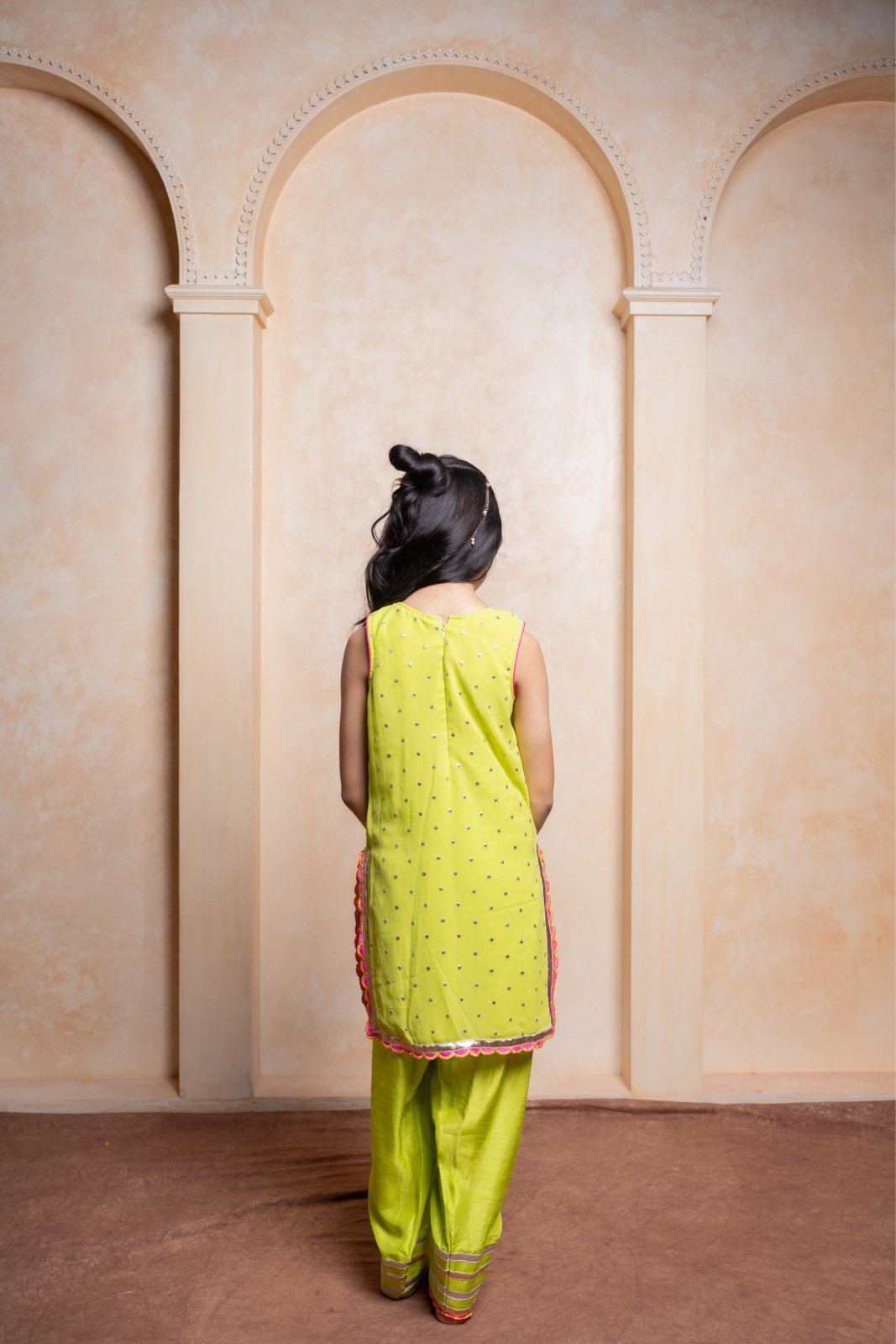 Girls Lime Green Georgette Kurti with Dola Silk Salwar – Mirror Work Ethnic Party Wear for Weddings & Festivals - Kirti Agarwal