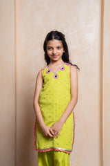 Girls Lime Green Georgette Kurti with Dola Silk Salwar – Mirror Work Ethnic Party Wear for Weddings & Festivals - Kirti Agarwal