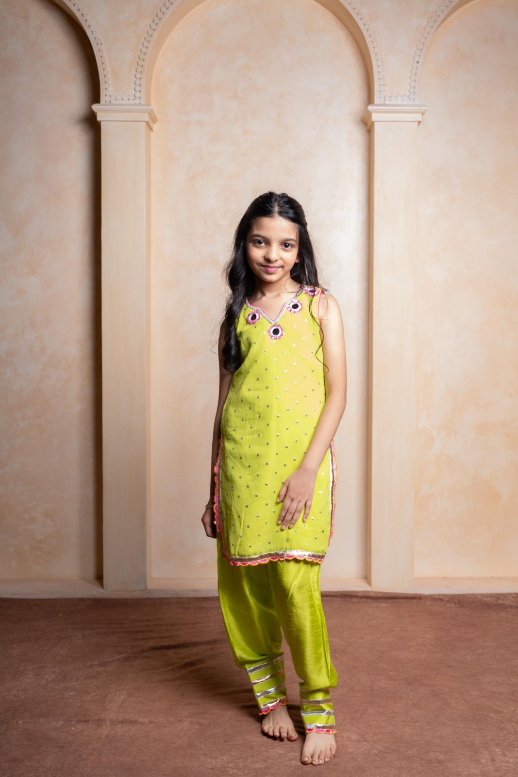 Girls Lime Green Georgette Kurti with Dola Silk Salwar – Mirror Work Ethnic Party Wear for Weddings & Festivals - Kirti Agarwal