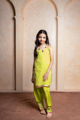 Girls Lime Green Georgette Kurti with Dola Silk Salwar – Mirror Work Ethnic Party Wear for Weddings & Festivals - Kirti Agarwal