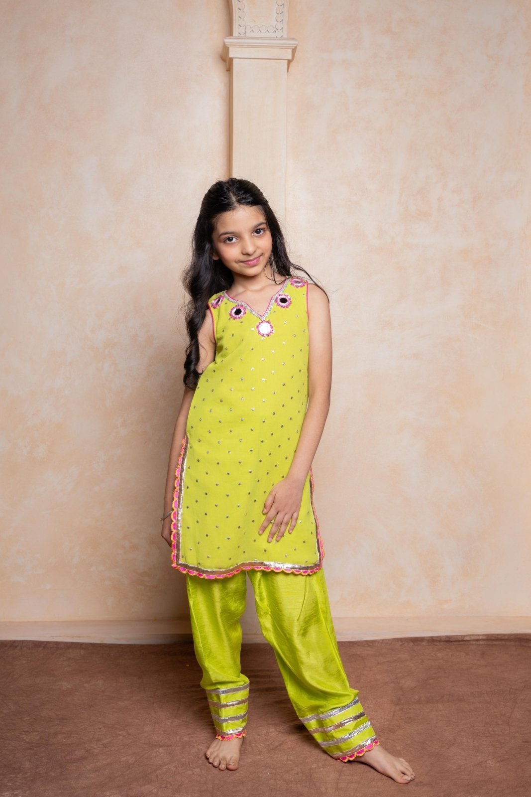 Girls Lime Green Georgette Kurti with Dola Silk Salwar – Mirror Work Ethnic Party Wear for Weddings & Festivals - Kirti Agarwal