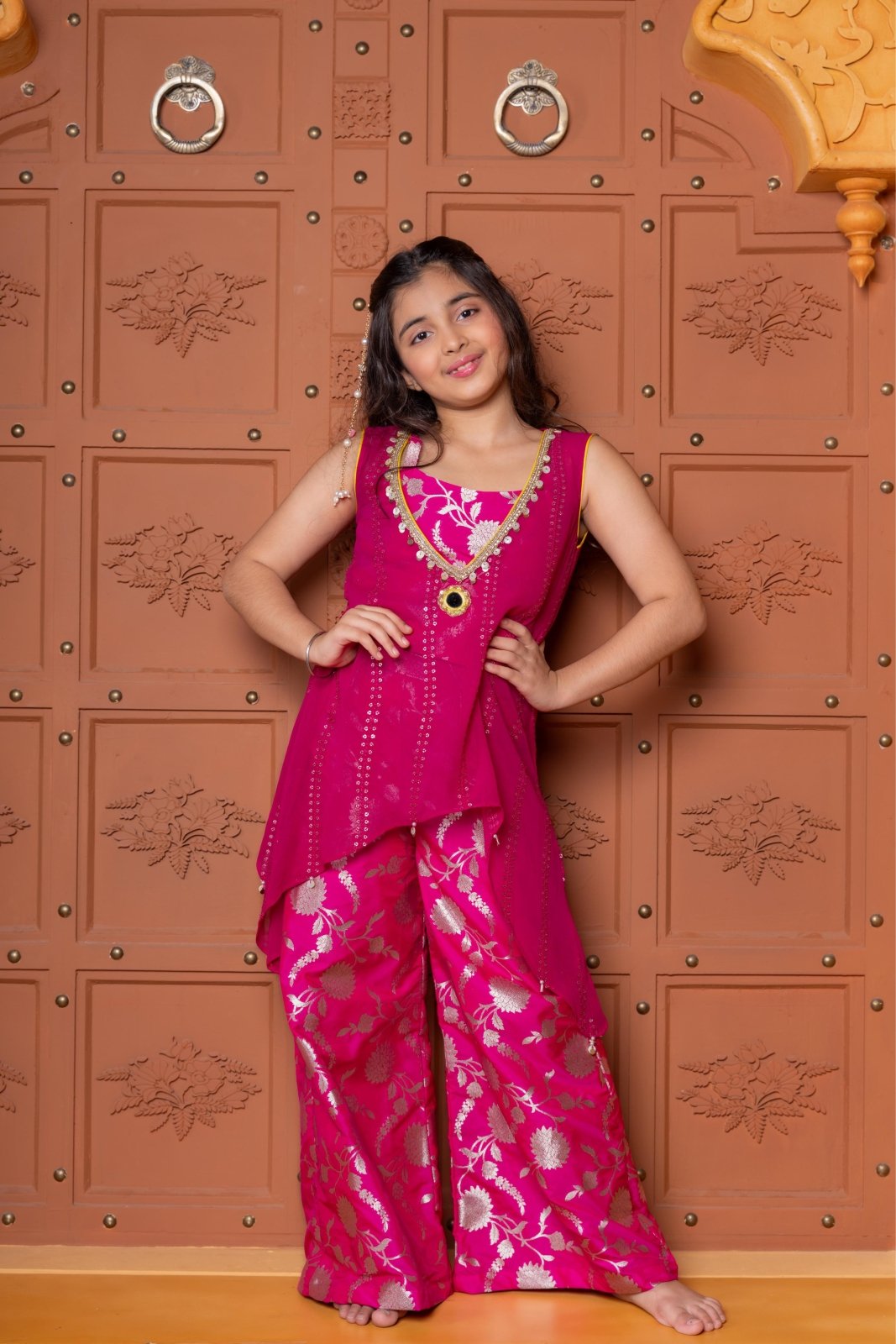 Girls Pink Georgette Cape with Brocade Crop Top & Sharara Pants – Stylish Ethnic Party Wear for Weddings & Festivals - Kirti Agarwal