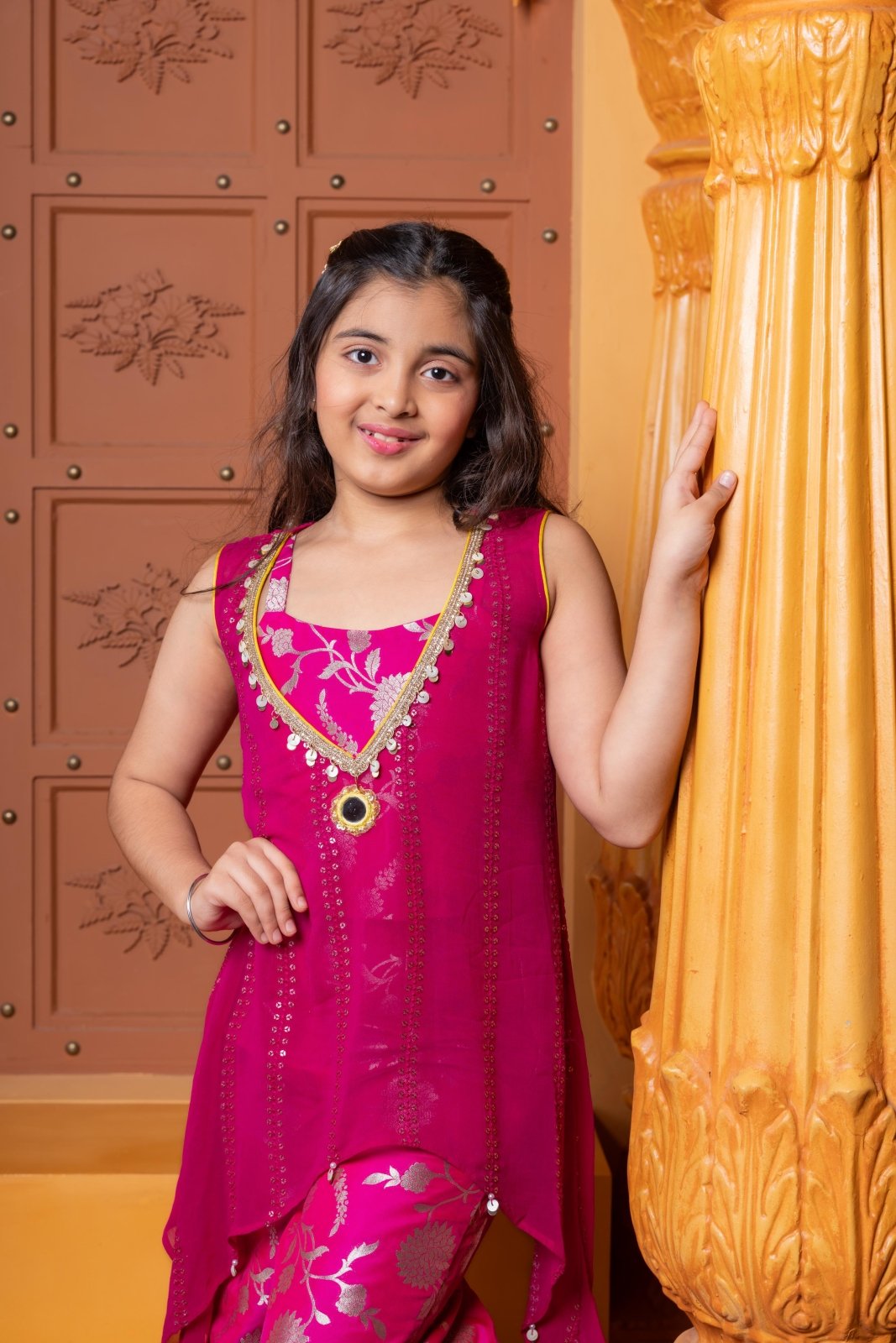 Girls Pink Georgette Cape with Brocade Crop Top & Sharara Pants – Stylish Ethnic Party Wear for Weddings & Festivals - Kirti Agarwal