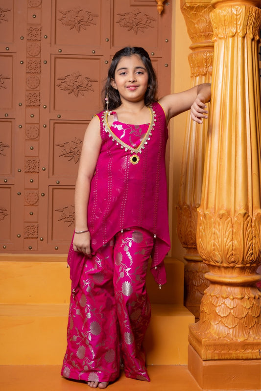 Girls Pink Georgette Cape with Brocade Crop Top & Sharara Pants – Stylish Ethnic Party Wear for Weddings & Festivals - Kirti Agarwal