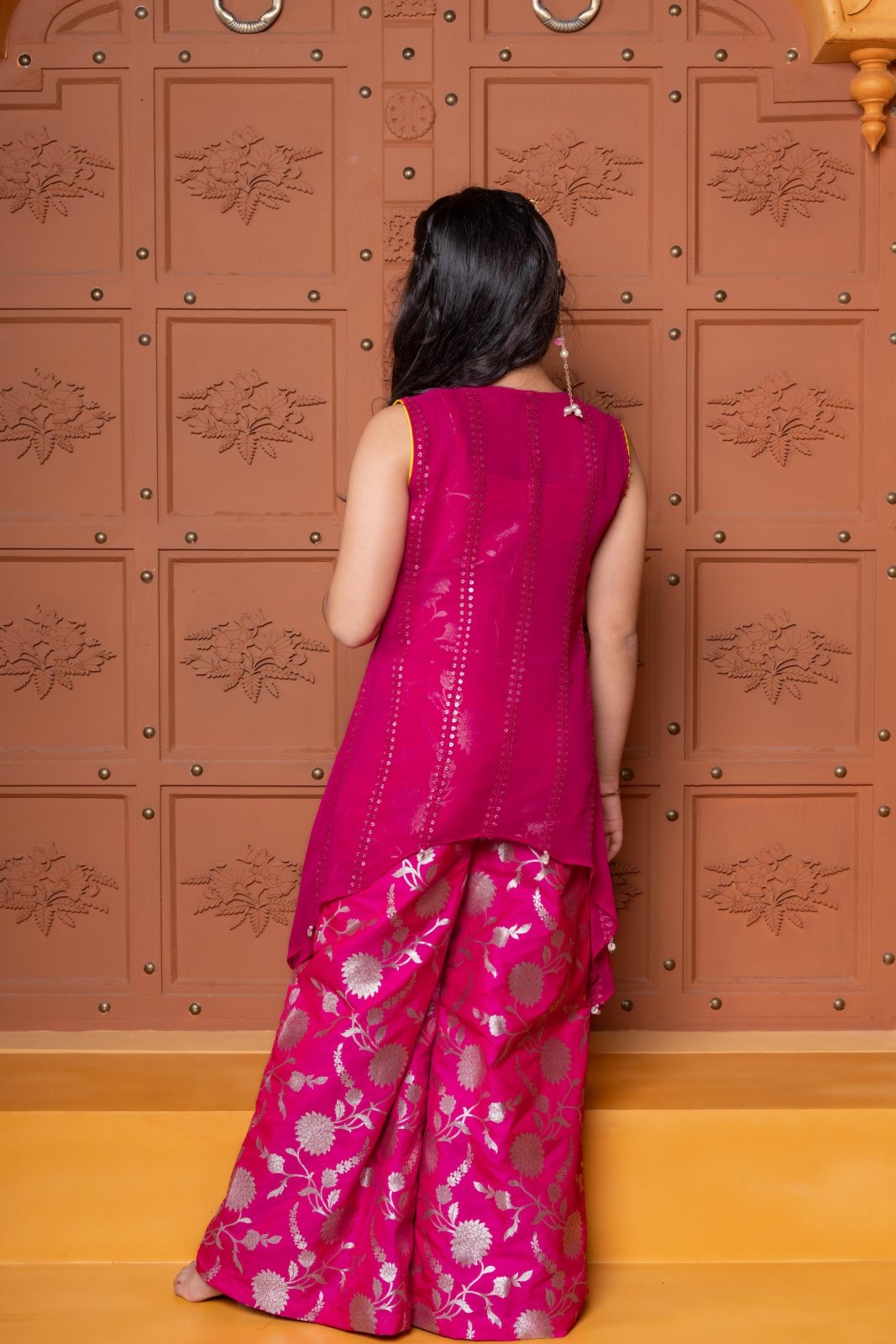 Girls Pink Georgette Cape with Brocade Crop Top & Sharara Pants – Stylish Ethnic Party Wear for Weddings & Festivals - Kirti Agarwal