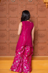 Girls Pink Georgette Cape with Brocade Crop Top & Sharara Pants – Stylish Ethnic Party Wear for Weddings & Festivals - Kirti Agarwal