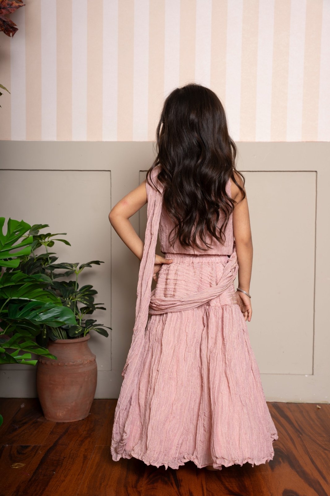 Graceful and breezy, this dusty pink crinkled lehenga set brings a fusion flair to festive style - Kirti Agarwal