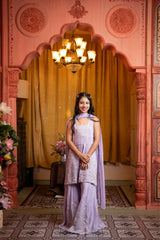 Graceful lilac sharara set with gold embroidery and a dreamy dupatta - Kirti Agarwal