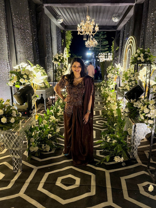 Indo - Western brown pre - stitched saree - Kirti Agarwal