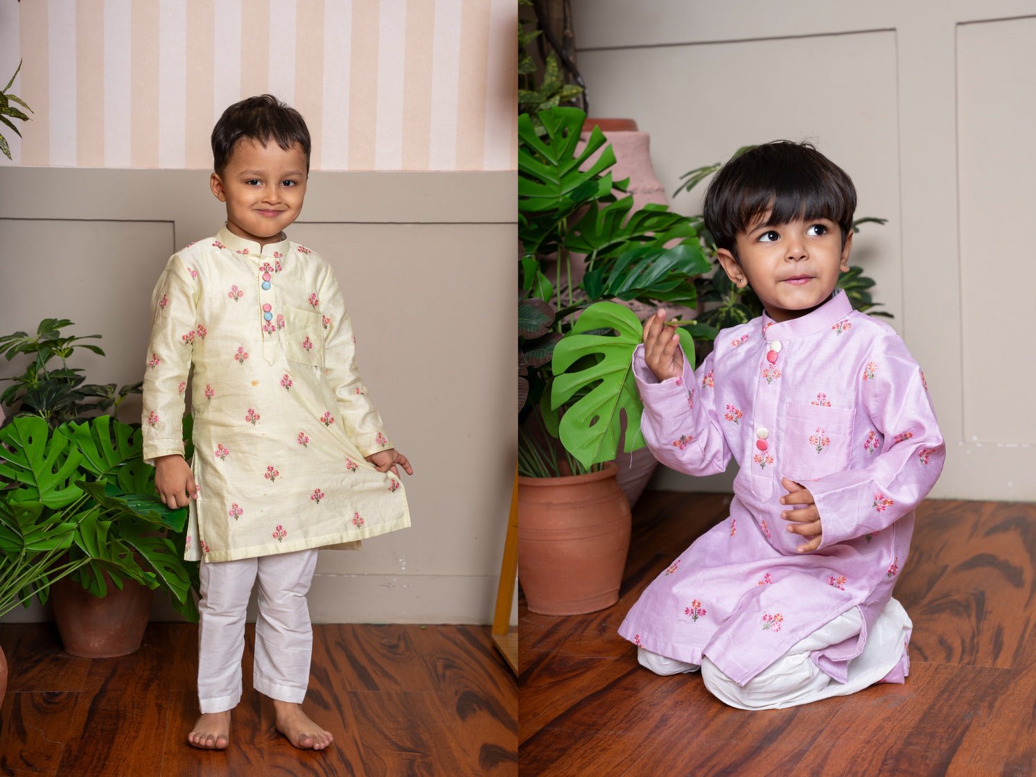 Lavender kurta with dhoti & pastel yellow floral embroidered kurta set - Kirti Agarwal