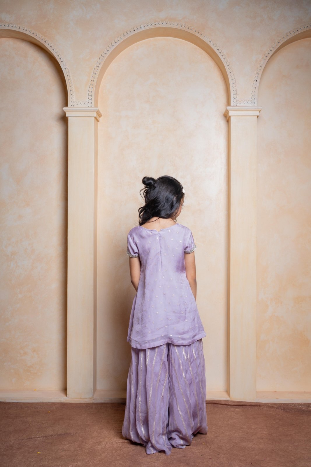 Lavender Organza Satin Kurta with Golden Striped Sharara – a dreamy festive outfit for your little princess! - Kirti Agarwal