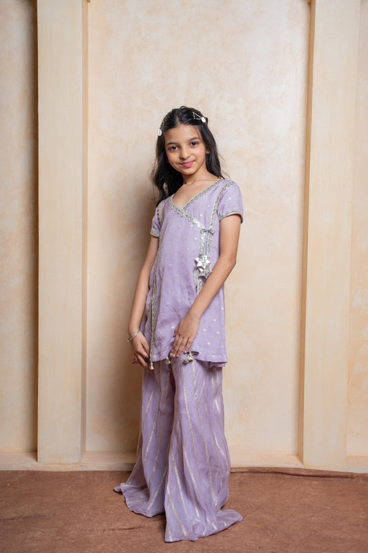 Lavender Organza Satin Kurta with Golden Striped Sharara – a dreamy festive outfit for your little princess! - Kirti Agarwal