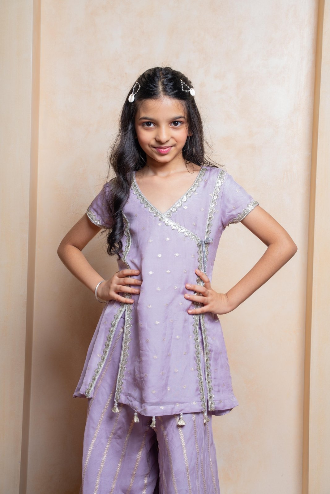 Lavender Organza Satin Kurta with Golden Striped Sharara – a dreamy festive outfit for your little princess! - Kirti Agarwal