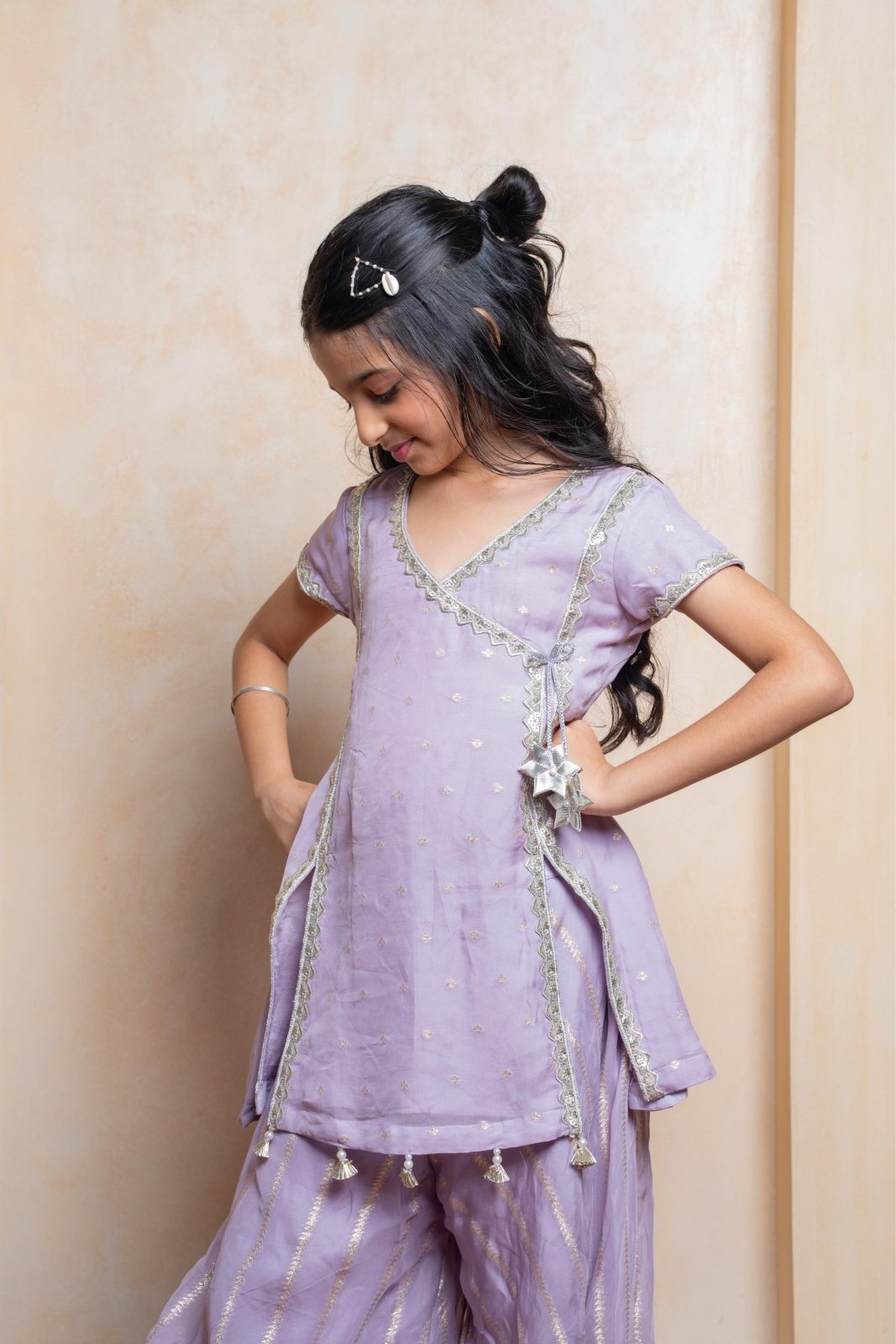 Lavender Organza Satin Kurta with Golden Striped Sharara – a dreamy festive outfit for your little princess! - Kirti Agarwal