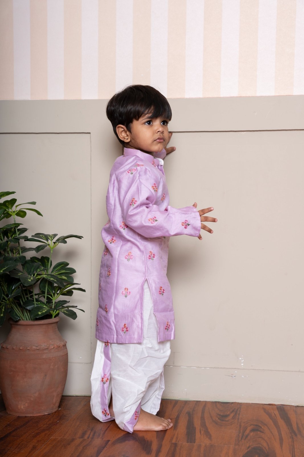 Let your little one shine in this charming Lavender kurta with dhoti – where tradition meets cuteness! - Kirti Agarwal