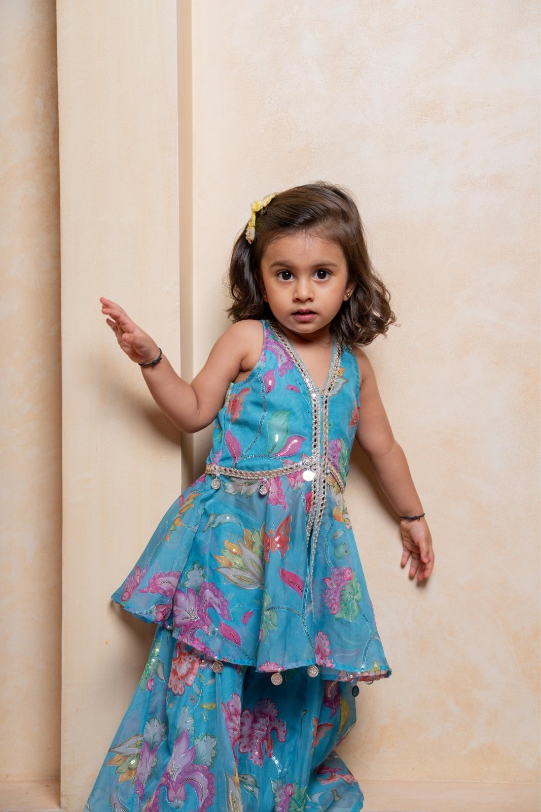 Make festive moments magical with this aqua floral peplum top and skirt set for girls - Kirti Agarwal