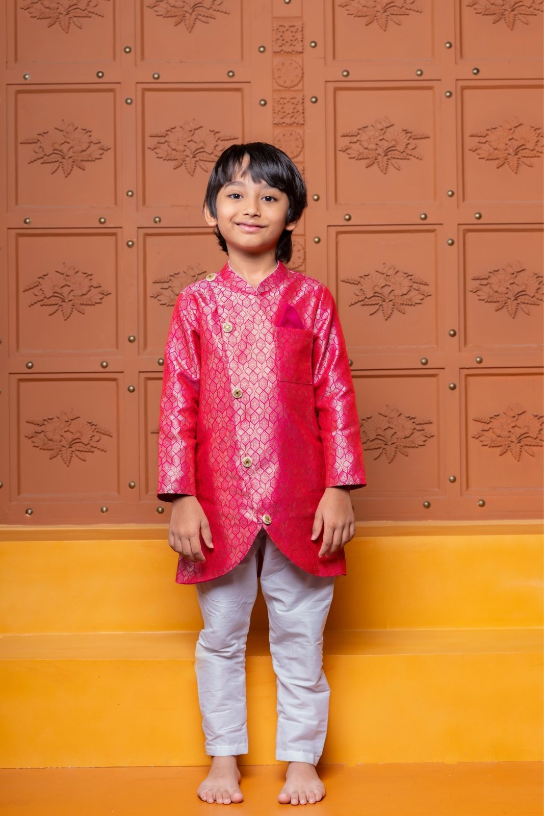 Make your little prince shine in this vibrant pink designer kurta pajama – perfect for weddings, festivals, and special celebrations - Kirti Agarwal