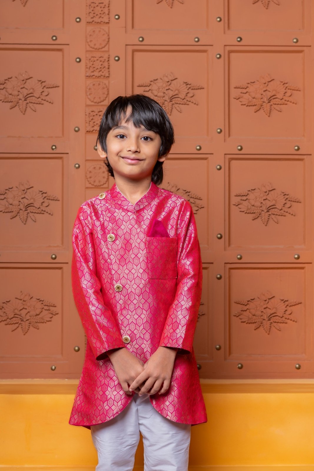 Make your little prince shine in this vibrant pink designer kurta pajama – perfect for weddings, festivals, and special celebrations - Kirti Agarwal