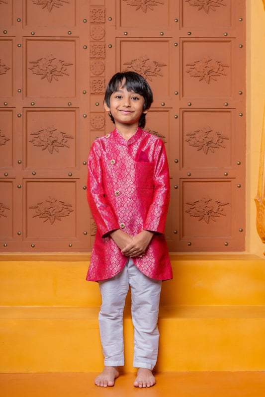 Make your little prince shine in this vibrant pink designer kurta pajama – perfect for weddings, festivals, and special celebrations - Kirti Agarwal