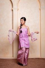 Make your princess shine in this embroidered Chinnon silk kurti, brocade sharara, and net dupatta set – perfect for festive celebrations - Kirti Agarwal