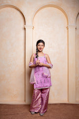 Make your princess shine in this embroidered Chinnon silk kurti, brocade sharara, and net dupatta set – perfect for festive celebrations - Kirti Agarwal