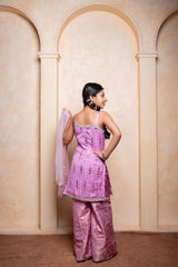 Make your princess shine in this embroidered Chinnon silk kurti, brocade sharara, and net dupatta set – perfect for festive celebrations - Kirti Agarwal