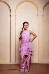 Make your princess shine in this embroidered Chinnon silk kurti, brocade sharara, and net dupatta set – perfect for festive celebrations - Kirti Agarwal