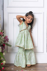 Mint Green Peplum Top and Sharara Set with Golden Embroidery for Kids - Kirti Agarwal