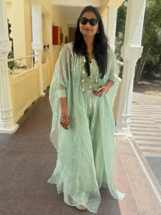 Mint Green Pure Tissue silk Kaftan Palazzo Set - Kirti Agarwal