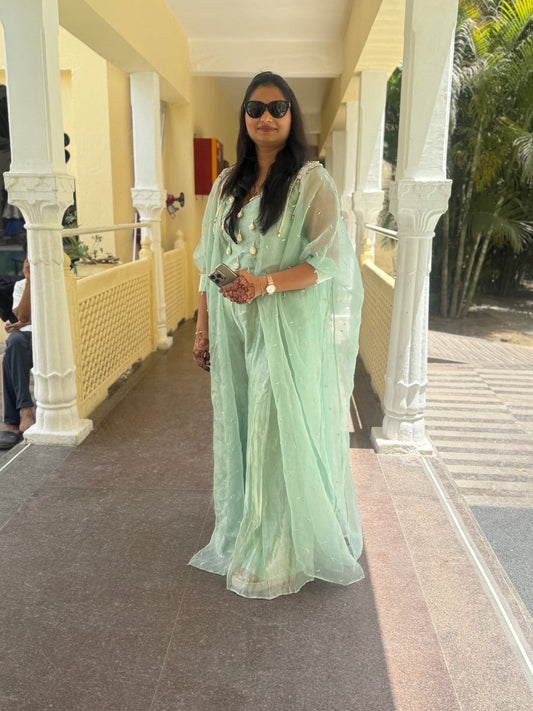 Mint Green Pure Tissue silk Kaftan Palazzo Set - Kirti Agarwal