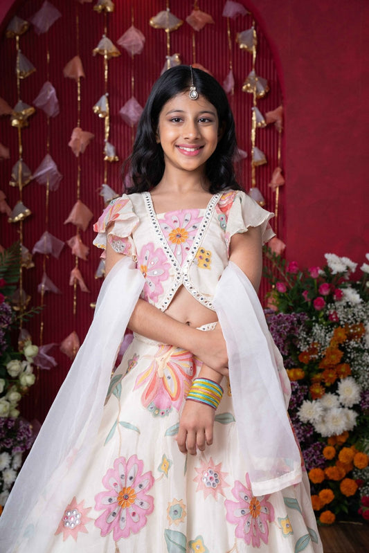 Multicolour Floral Printed And Embroidered Ivory Top With Matching Lehenga And Dupatta - Kirti Agarwal