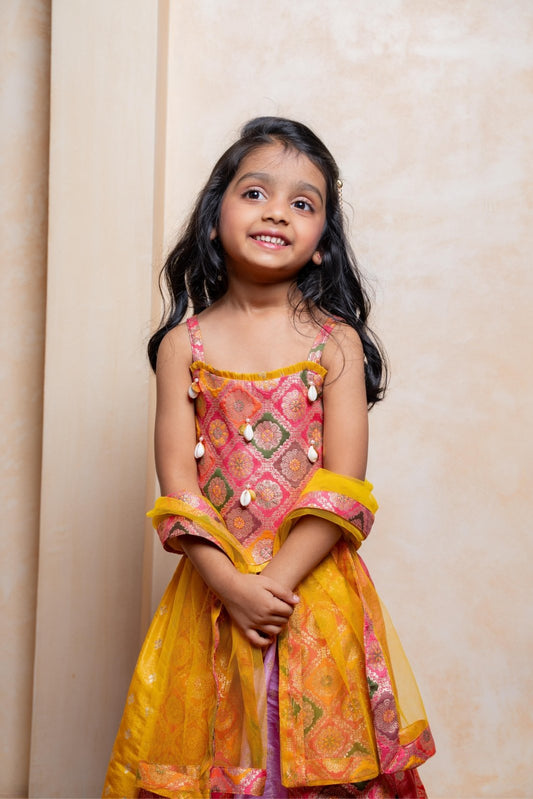 Multicolour Strappy Brocade Top With Panelled Lehenga And Dupatta - Kirti Agarwal