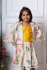 Mustard Crop Top With Notch Collar Jacket And Skirt - Kirti Agarwal