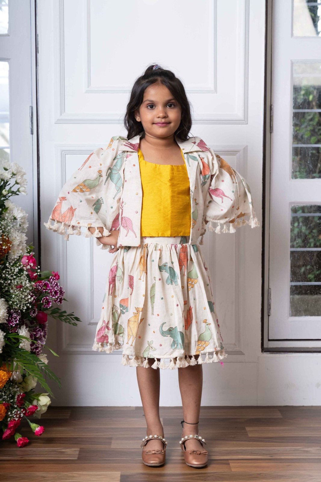 Mustard Crop Top With Notch Collar Jacket And Skirt - Kirti Agarwal