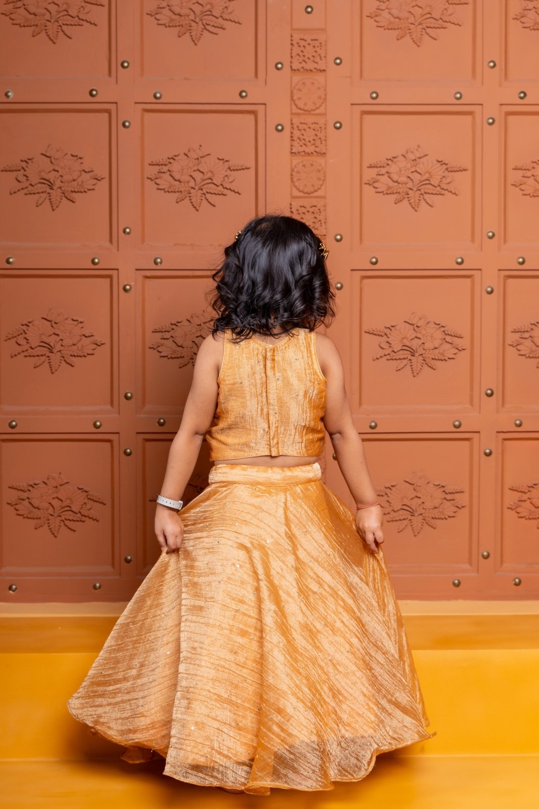 Mustard Tissue Silk lehenga choli with exquisite hand embroidery – a festive delight for your little one! - Kirti Agarwal