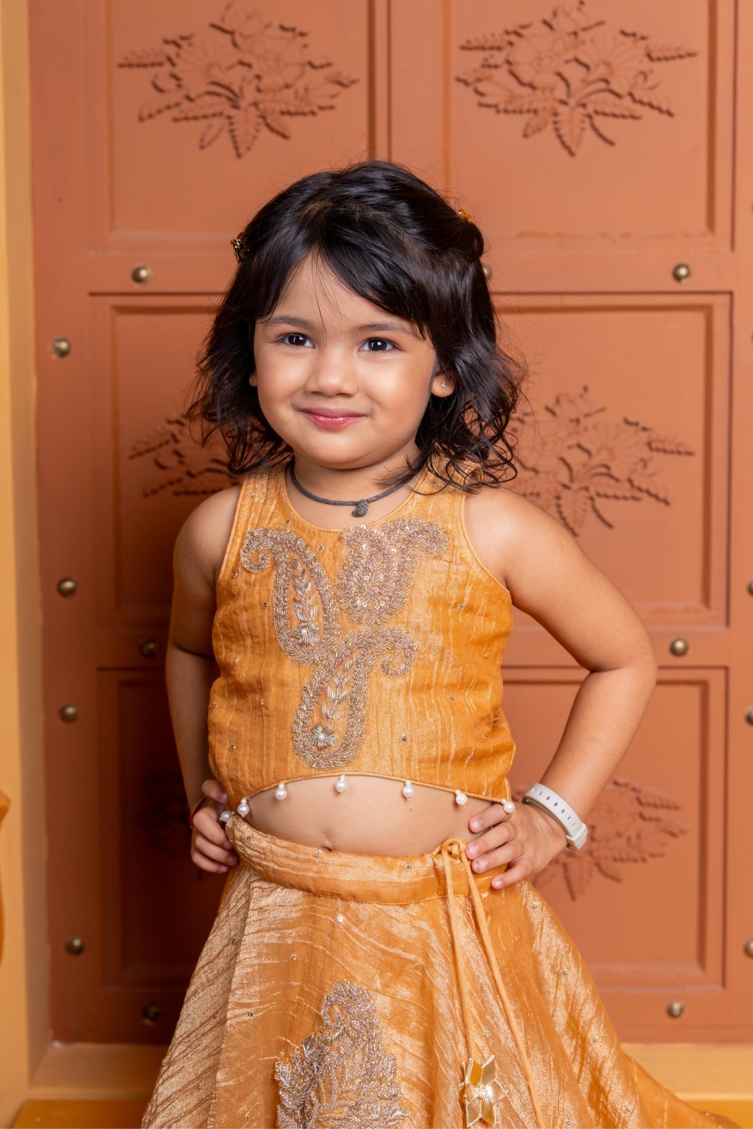 Mustard Tissue Silk lehenga choli with exquisite hand embroidery – a festive delight for your little one! - Kirti Agarwal