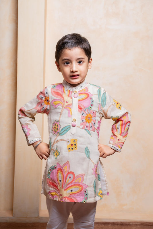 Off White Stylish Floral Kurta With White Pyjama - Kirti Agarwal