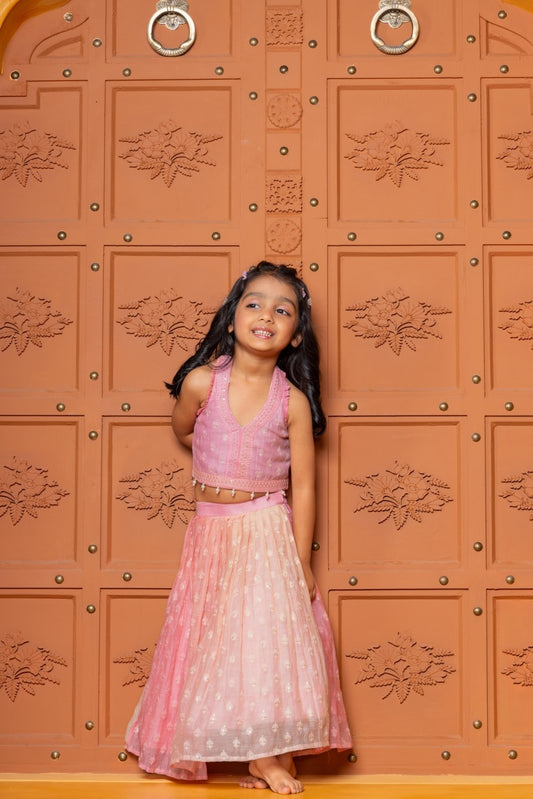 Pink Halter Neck Top With Ombre Lehenga - Kirti Agarwal